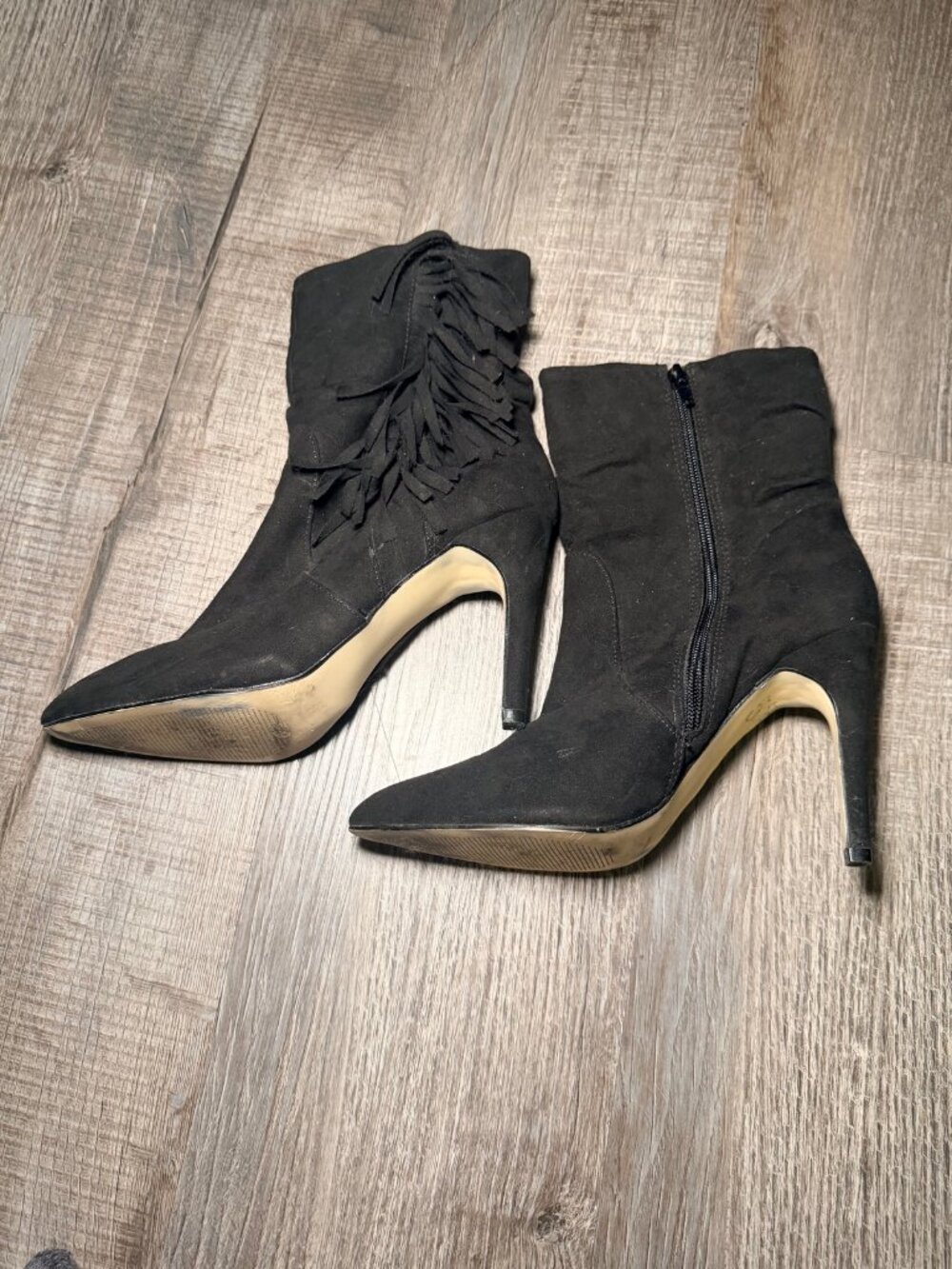 Black Fringe Pointed Toe Stiletto Heeled Ankle Boots JustFab Size 9